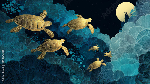 Golden sea turtles swimming under moonlight among corals in elegant marine fantasy vector illustration.