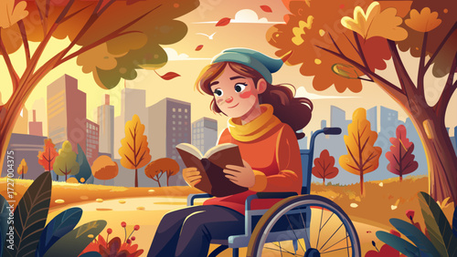 A very beautiful close up portrait of young girl sitting in wheelchair and reading book, enjoying warm autumn sunshine, surrounded by golden leaves, peaceful city park atmosphere filled with joy.