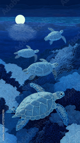 Luminous sea turtles swimming under moonlight across coral reef in glowing underwater fantasy vector.