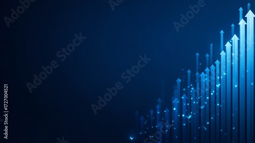 Blue digital arrows rising upwards on dark background, symbolizing growth, progress, and success in business and technology.
