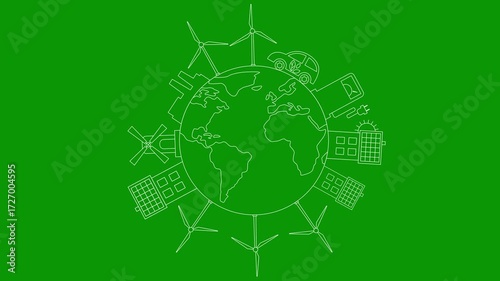 Wallpaper Mural Animated linear white icon of green energy city on circle planet. Line symbol. Concept of Sustainability, environment, renewable energy, green technology. Illustration isolated on green background.  Torontodigital.ca