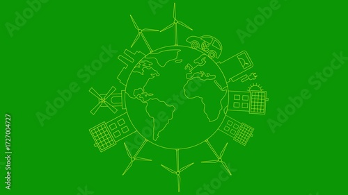 Animated linear yellow icon of green energy city on circle planet. Line symbol. Concept of Sustainability, environment, renewable energy, green technology. Illustration isolated on green background. 
