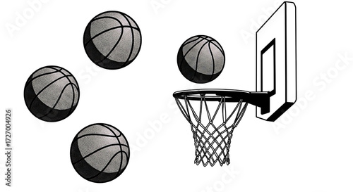 Four basketballs and a basketball hoop isolated on transparent background, perfect for sports themed designs or educational materials about basketball