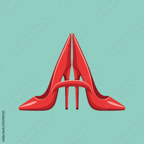 Two glossy red high-heeled shoes are creatively arranged to form the letter 'A' on a solid teal background, symbolizing fashion and design.