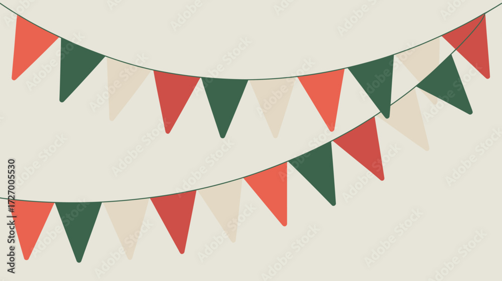 Obraz premium Two strings of triangular party flags in red green and white hanging against a light beige background