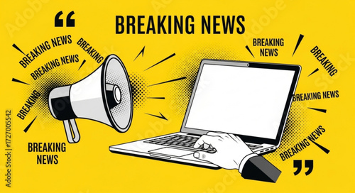 Trendy Halftone Collage Social media news. Hand holding Megaphone with breaking news text ribbon. Propaganda and fake news. Announce on grunge background. Contemporary vector illustration art