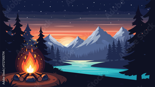 Minimal Flat Campfire on Dark Canvas