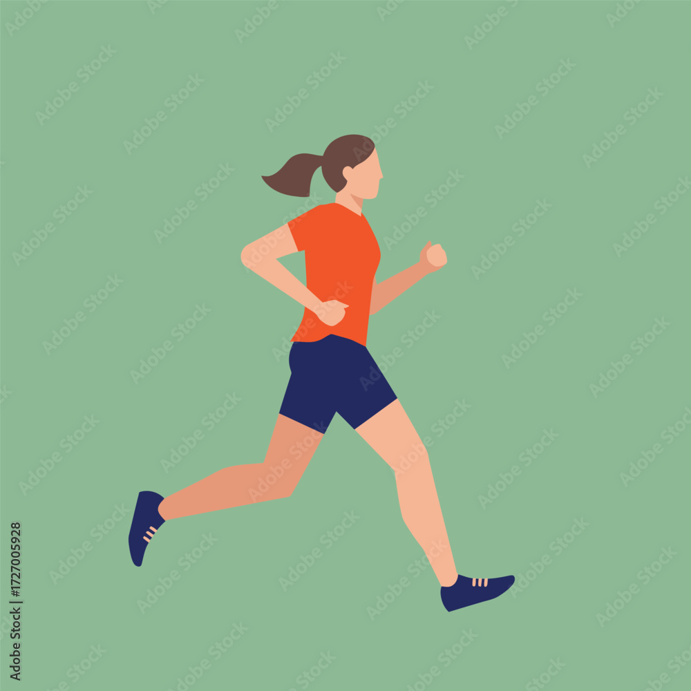 Obraz premium Flat illustration of a woman running in an orange shirt and blue shorts against a green background.