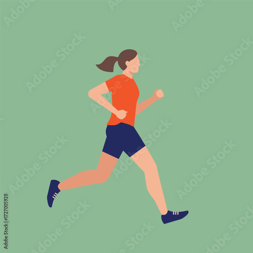 Flat illustration of a woman running in an orange shirt and blue shorts against a green background.