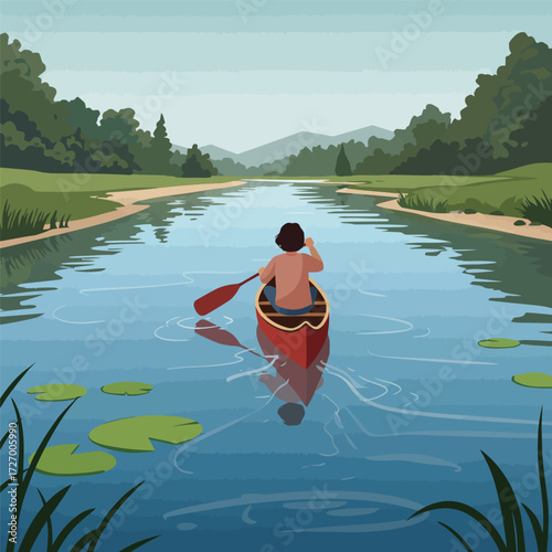 A person in a red canoe paddles down a calm river surrounded by lush green trees, grassy banks, and distant hills.