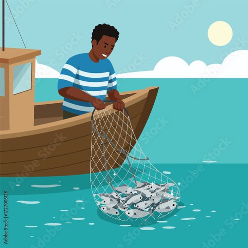 A smiling Black fisherman on a wooden boat pulls a large net full of fish from the ocean.