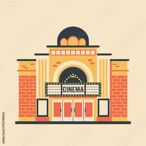 A flat vector illustration of a vintage art deco style cinema building with a marquee sign and brick facade, isolated on a light background.