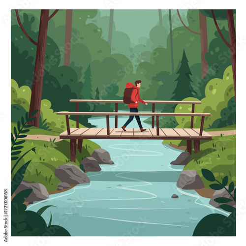 A man hiking across a wooden bridge in a lush forest.
