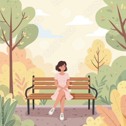 A young woman with short brown hair sits peacefully on a wooden park bench amidst lush green and autumnal trees under a bright sky.