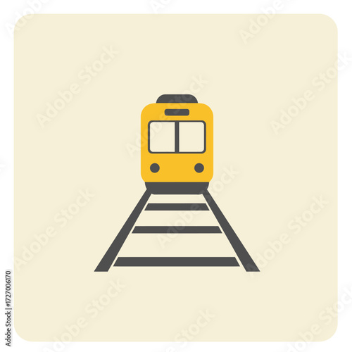 A minimalist front view illustration of a yellow subway train on railway tracks, presented as a simple flat design icon.