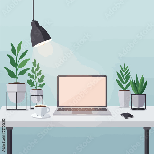 Modern workspace with a laptop, potted plants, coffee, and a desk lamp against a light blue wall.