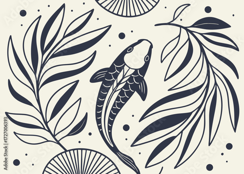 Hand drawn illustration of koi fish with leaves and sun