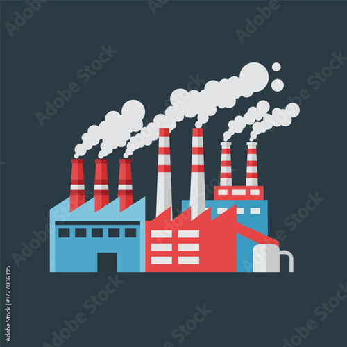 Illustration of an industrial factory with multiple chimneys emitting smoke into the air.