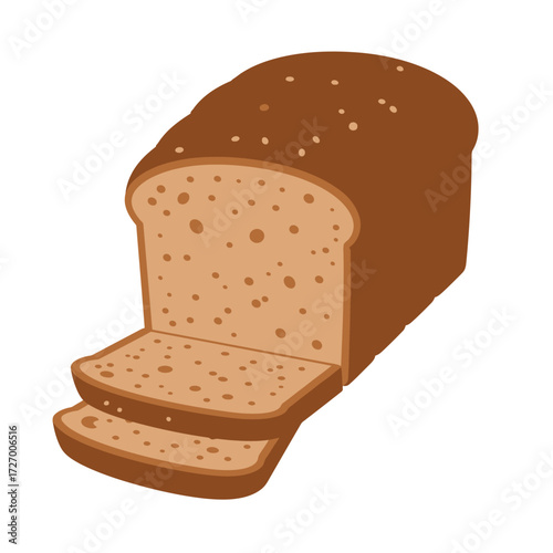 A simple illustration of a partially sliced loaf of brown bread against a plain white background.
