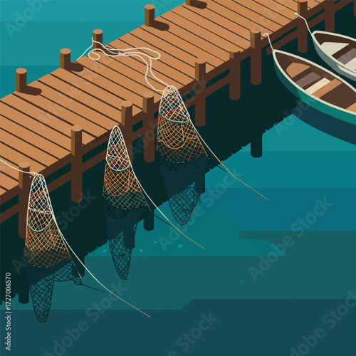 An isometric illustration of a wooden pier with fishing nets hanging into the calm blue water, alongside two small boats.