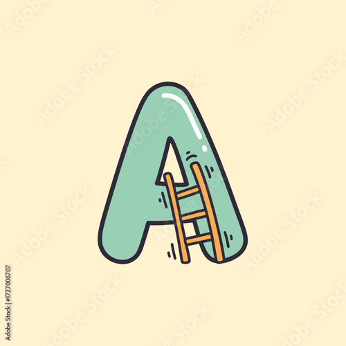 A stylized, cartoonish letter 'A' in a light teal color with a small wooden ladder leaning against its right side, set against a pale yellow background.