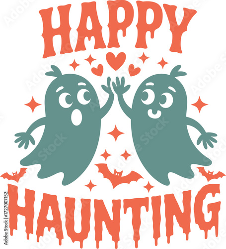 Cute happy haunting ghosts and bats halloween illustration