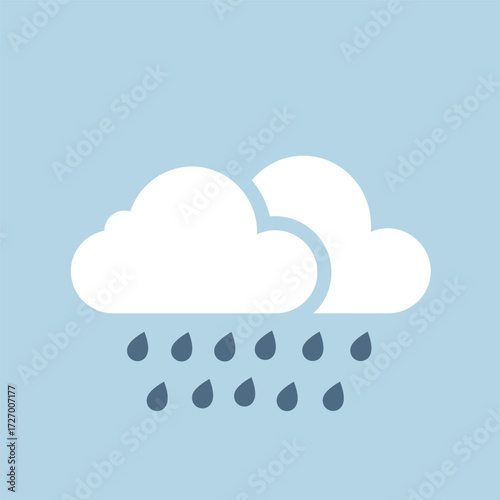 A simple flat vector illustration of two white clouds with dark blue raindrops falling against a light blue sky.