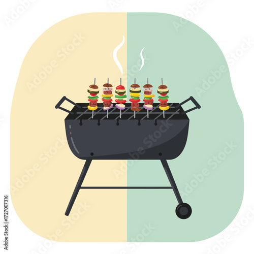 A detailed illustration of a barbecue grill with skewers of grilled food, smoke rising.