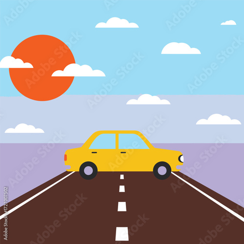 A yellow car driving on a road towards the sun with clouds in the sky.