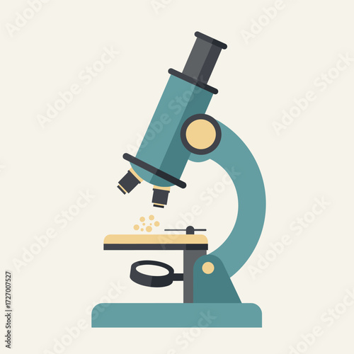 A flat vector illustration of a teal laboratory microscope used for scientific research and discovery.
