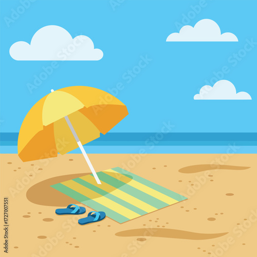 Beach scene with umbrella, towel, and flip-flops on the sand.