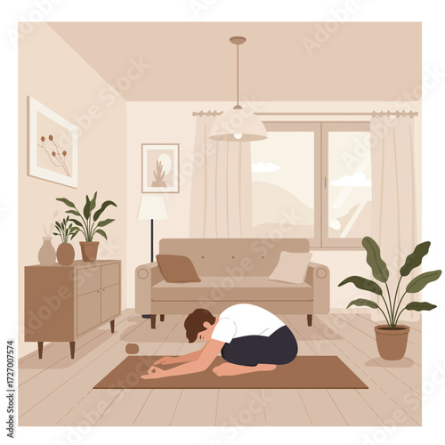 A person practicing yoga in a child's pose on a mat in a cozy living room with plants and natural light.
