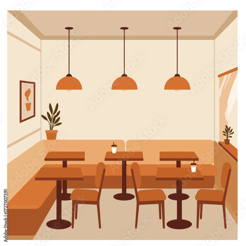A cozy and modern cafe interior with orange booths, tables, and chairs under pendant lights, depicted in a flat vector illustration style.