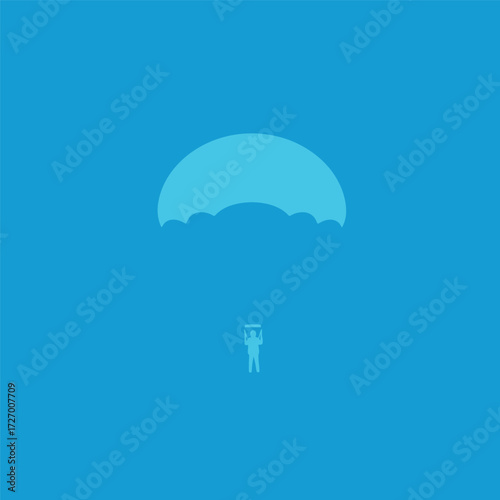 Minimalist graphic of a person parachuting with a cloud-shaped canopy against a solid blue background.