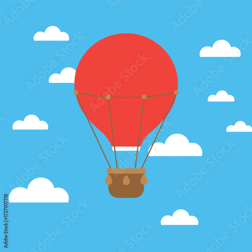 A vibrant red hot air balloon floats serenely against a clear blue sky dotted with fluffy white clouds.