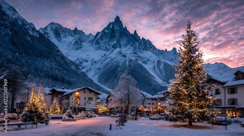 Explore winter wonderland chamonix france christmas trees snow capped mountains at sunset scenic landscape view