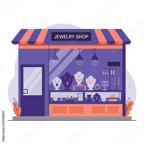 A charming cartoon-style jewelry shop with a purple and orange striped awning, displaying various necklaces, rings, and earrings in its large front window.