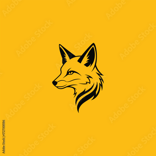 Minimalist vector illustration of a fierce fox head, a bold graphic mascot emblem on a yellow background.