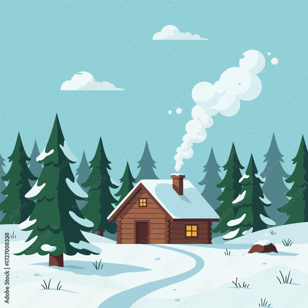 Fototapeta premium Winter cabin scene with snow-covered ground and smoking chimney.
