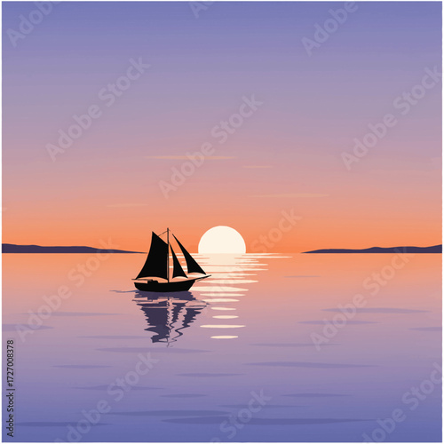 Sailboat at sunset with sun reflecting on the water.