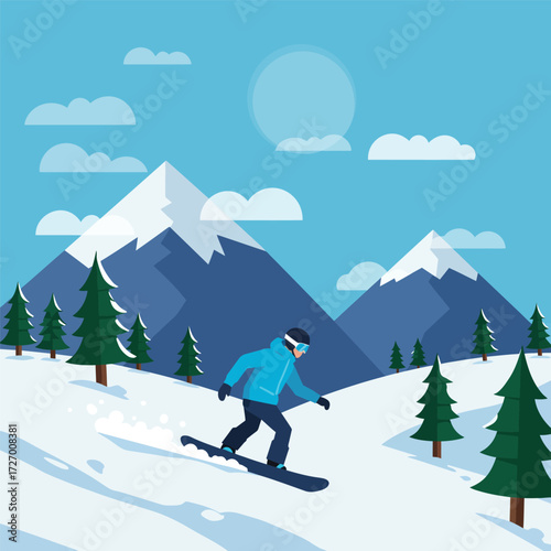 Illustration of a snowboarder riding down a snowy mountain landscape with evergreen trees and a bright sun