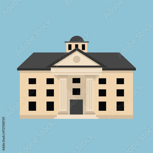 Vector icon of a classic government building, courthouse, or university. Simple flat design illustration of a public institution facade with columns for legal or educational purposes