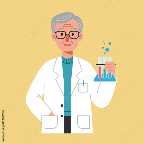 An elderly male scientist in a white lab coat holding a bubbling flask and test tubes for a chemical experiment. Vector character illustration