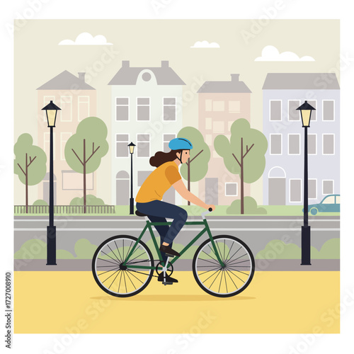 Woman riding a bicycle on a city street, illustration.