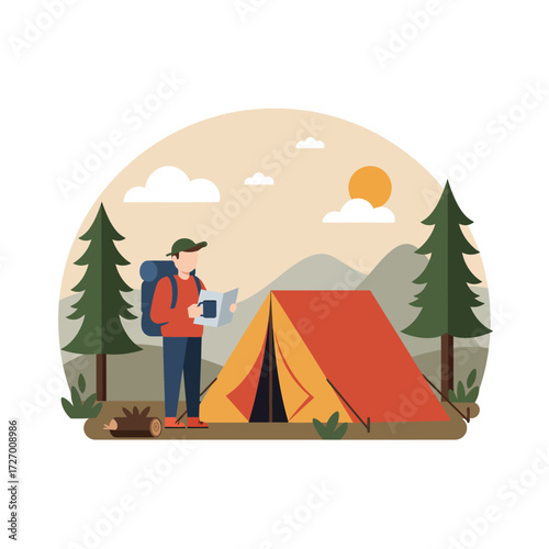 A person with a backpack looking at a map near a tent in a forest setting with mountains and sun in the background.