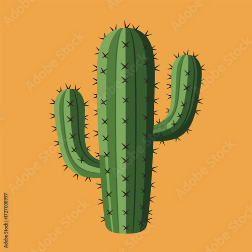 Vibrant green saguaro cactus illustration with sharp spines on a warm orange background, depicting desert flora.