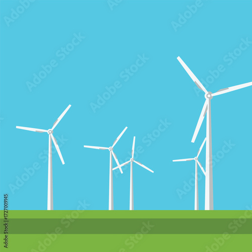 Flat vector illustration of a wind farm with multiple turbines on a green field under a clear blue sky.