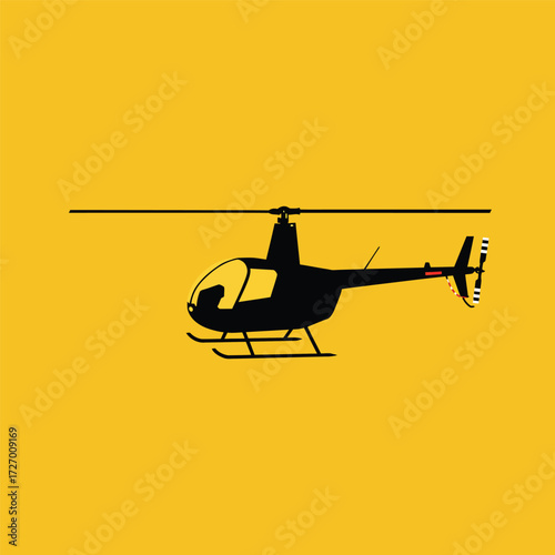 A silhouette of a black helicopter is shown against a bright yellow background.