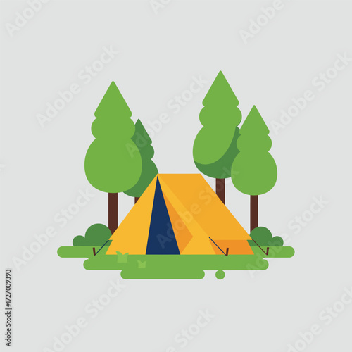 A vibrant yellow tent is set up in a forest clearing surrounded by green trees and bushes.