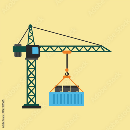 Industrial tower crane lifting a cargo container, flat vector illustration for logistics, shipping, and construction concepts